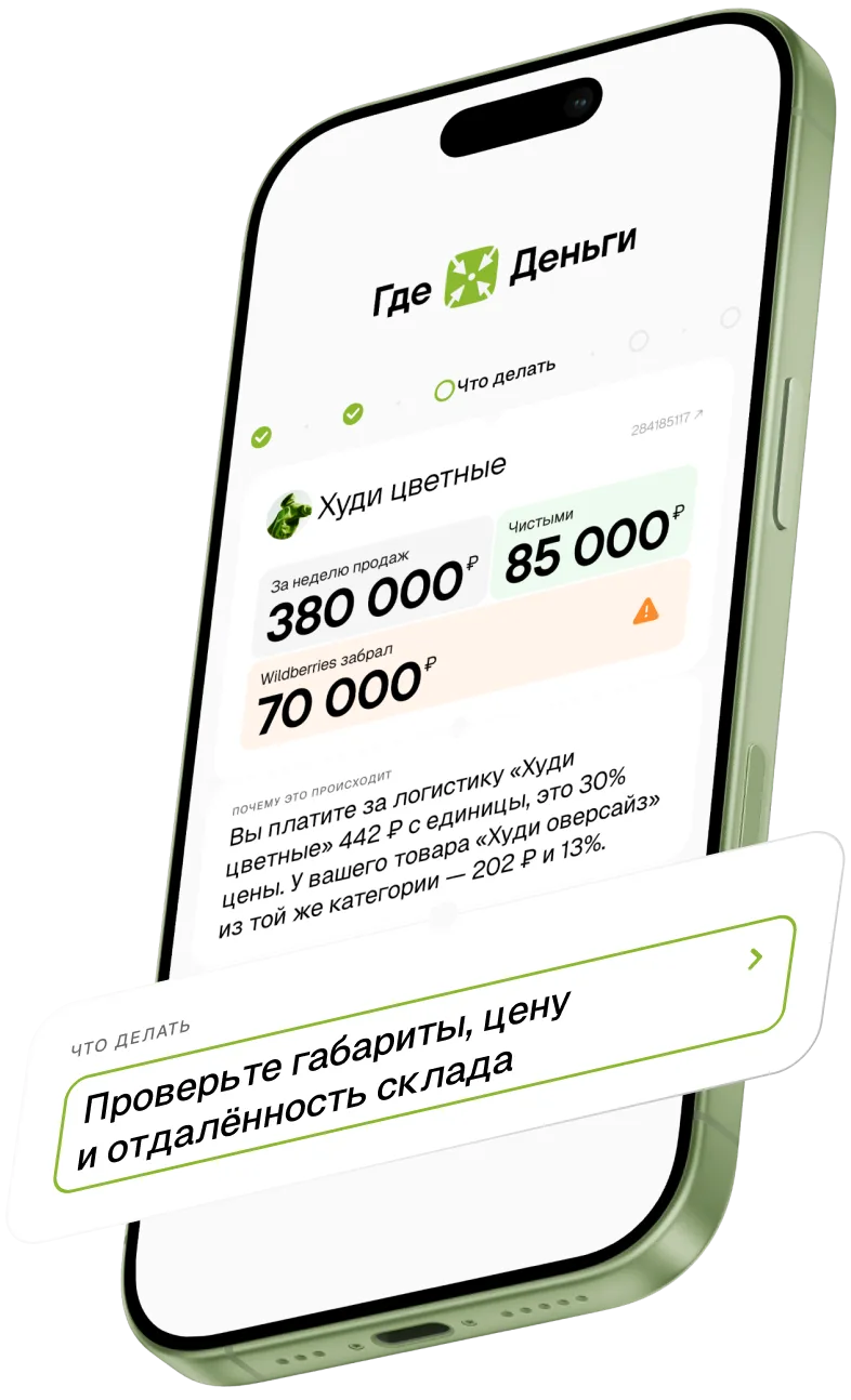 Пример разбора «Худи цветные»: продажи 380&nbsp;000&nbsp;₽ за&nbsp;неделю. Что делать: проверьте габариты, цену и&nbsp;отдалённость склада